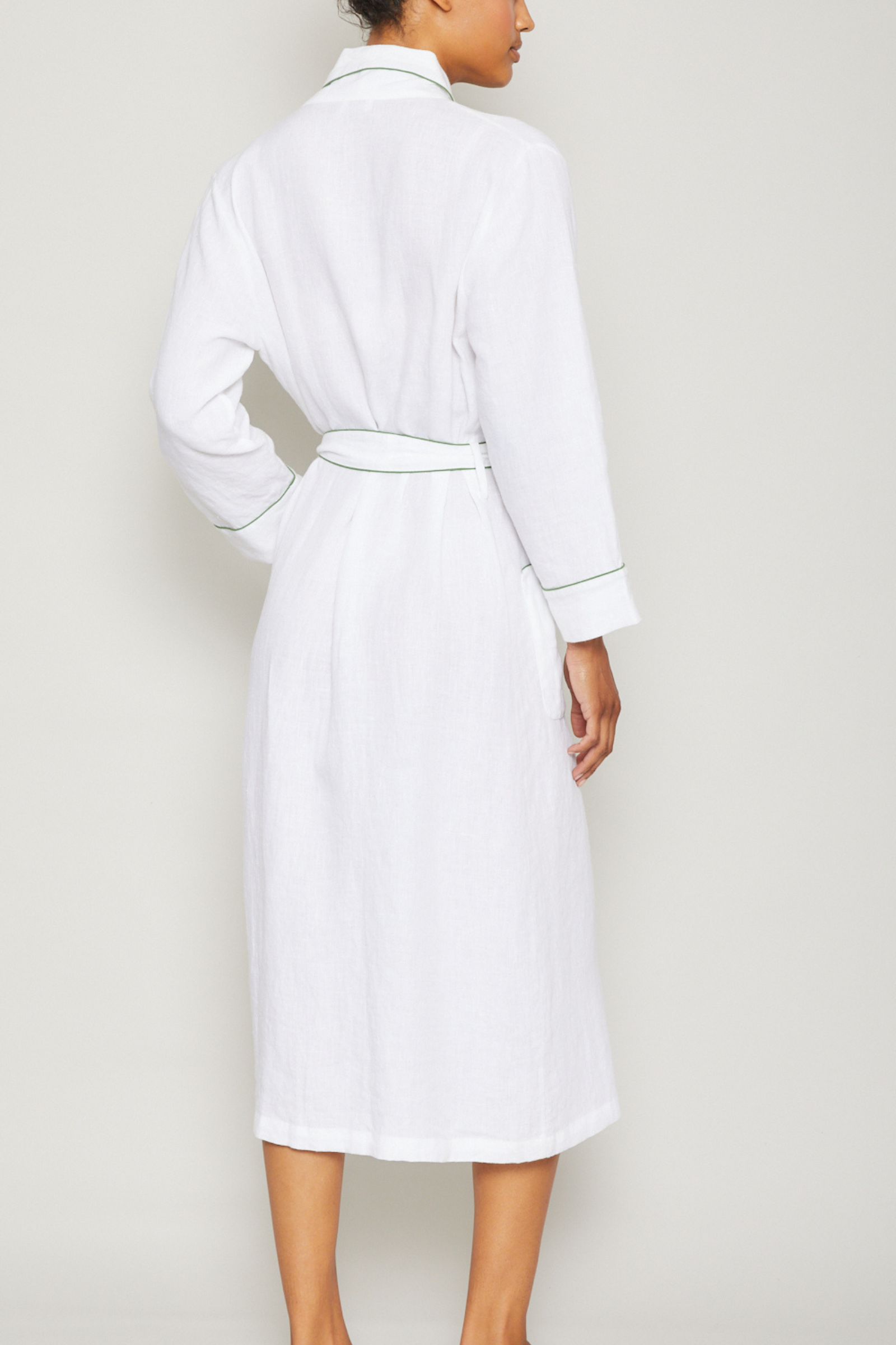 Linen Robe - Piped in Basil
