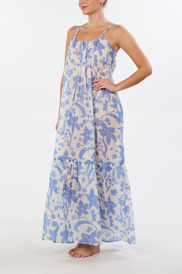 High-Low Ruffle Maxi Dress - Hawaiian Blue Print