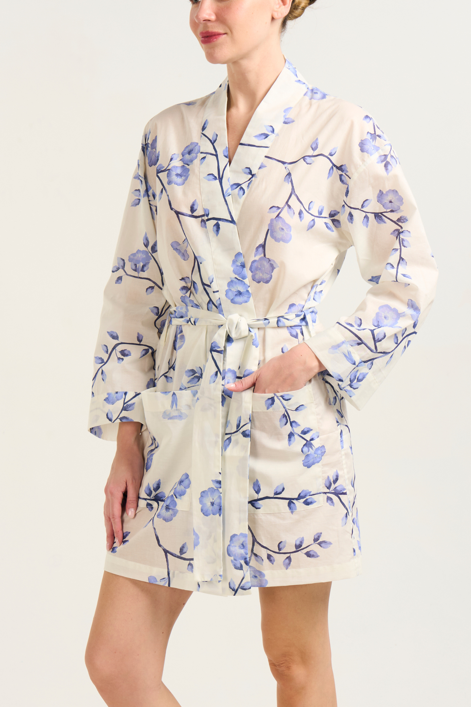 Short Cotton Robe - Blue Floral