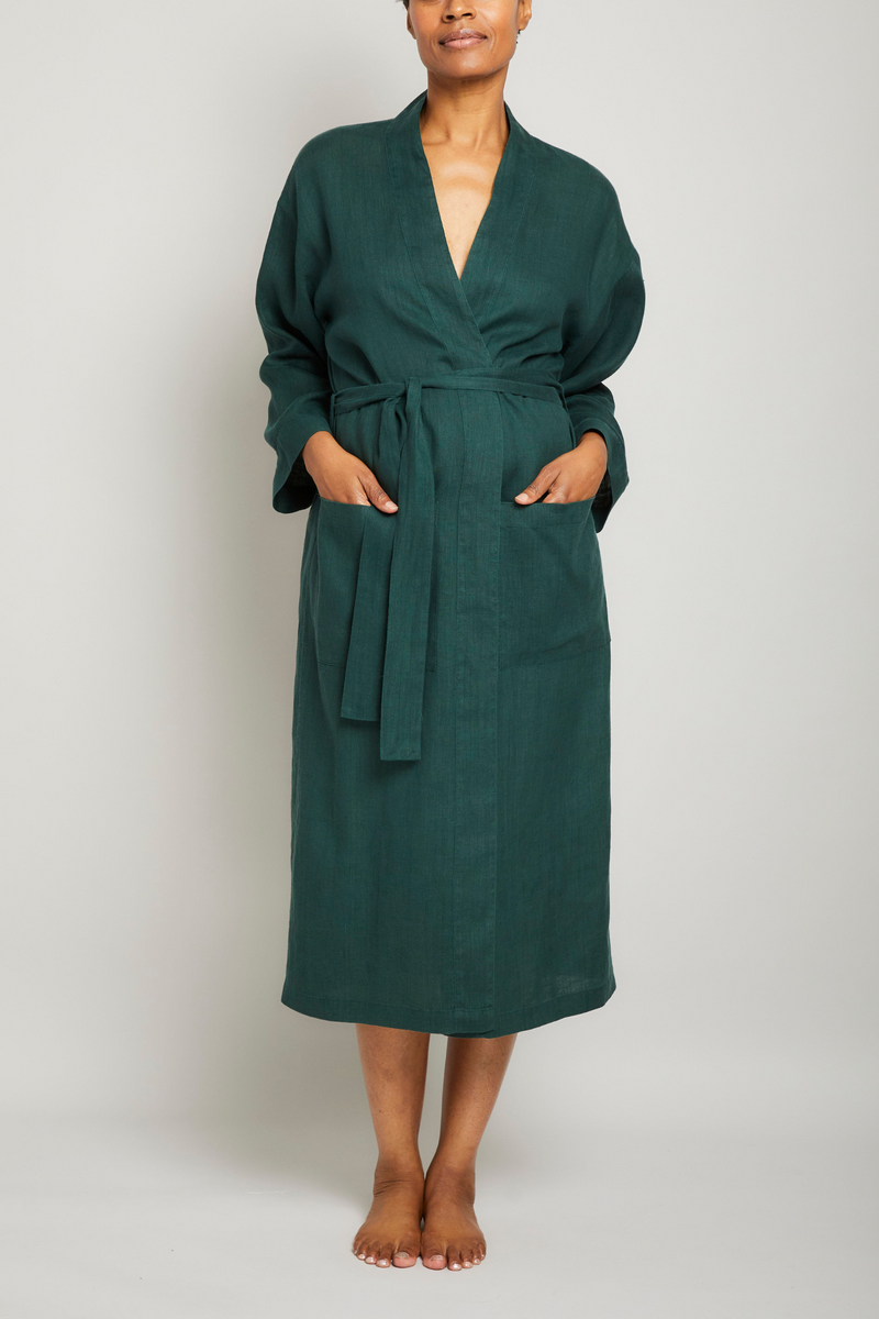 Long Linen Robe - Hunter Green