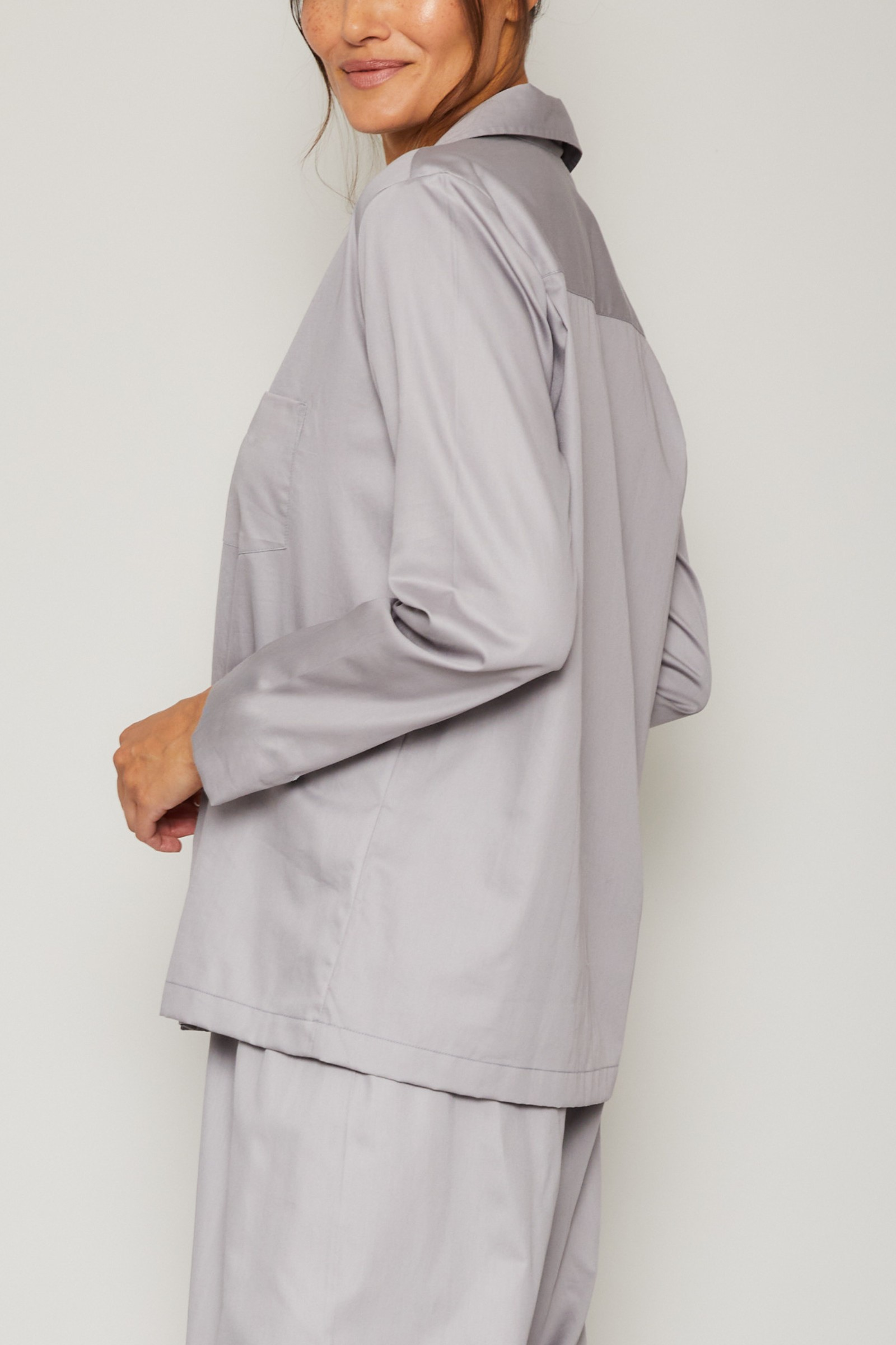 Cotton Sateen Long Sleeve Pajama Set - Silver