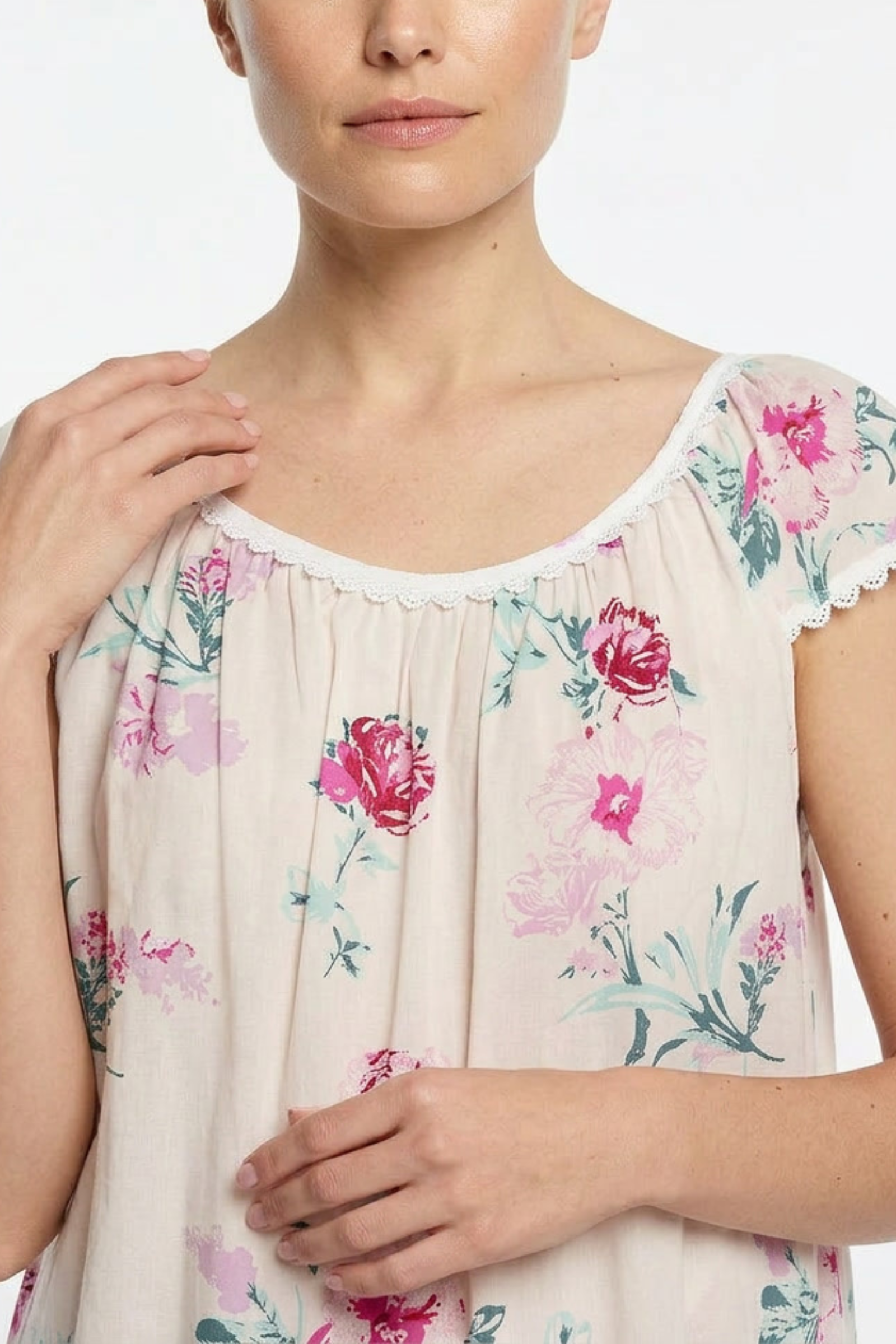 Cotton Nightgown with Flower Trim - Roses