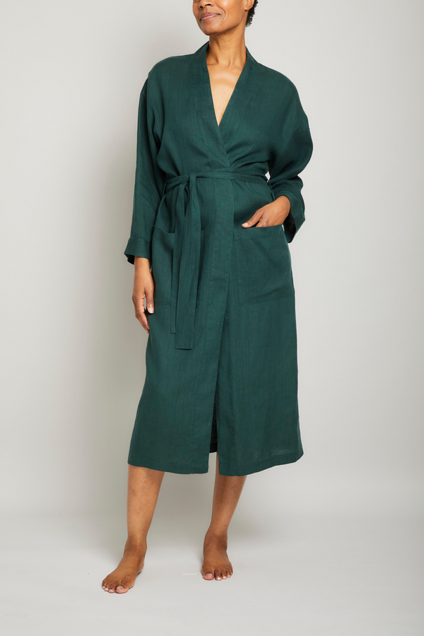 Long Linen Robe - Hunter Green