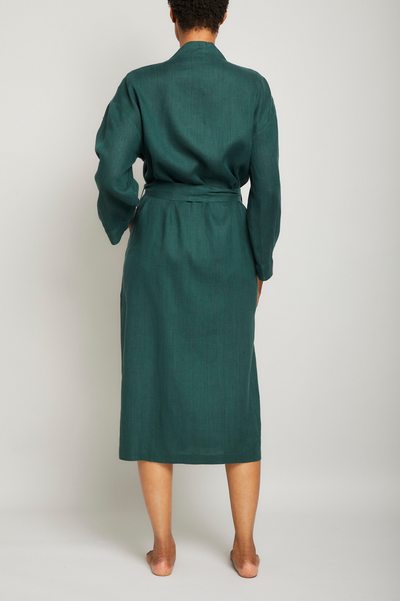 Long Linen Robe - Hunter Green