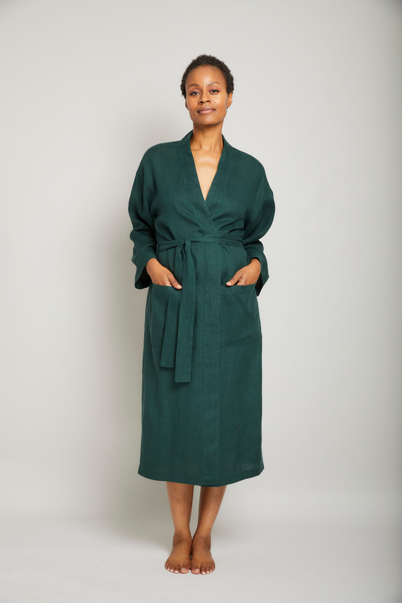 Long Linen Robe - Hunter Green