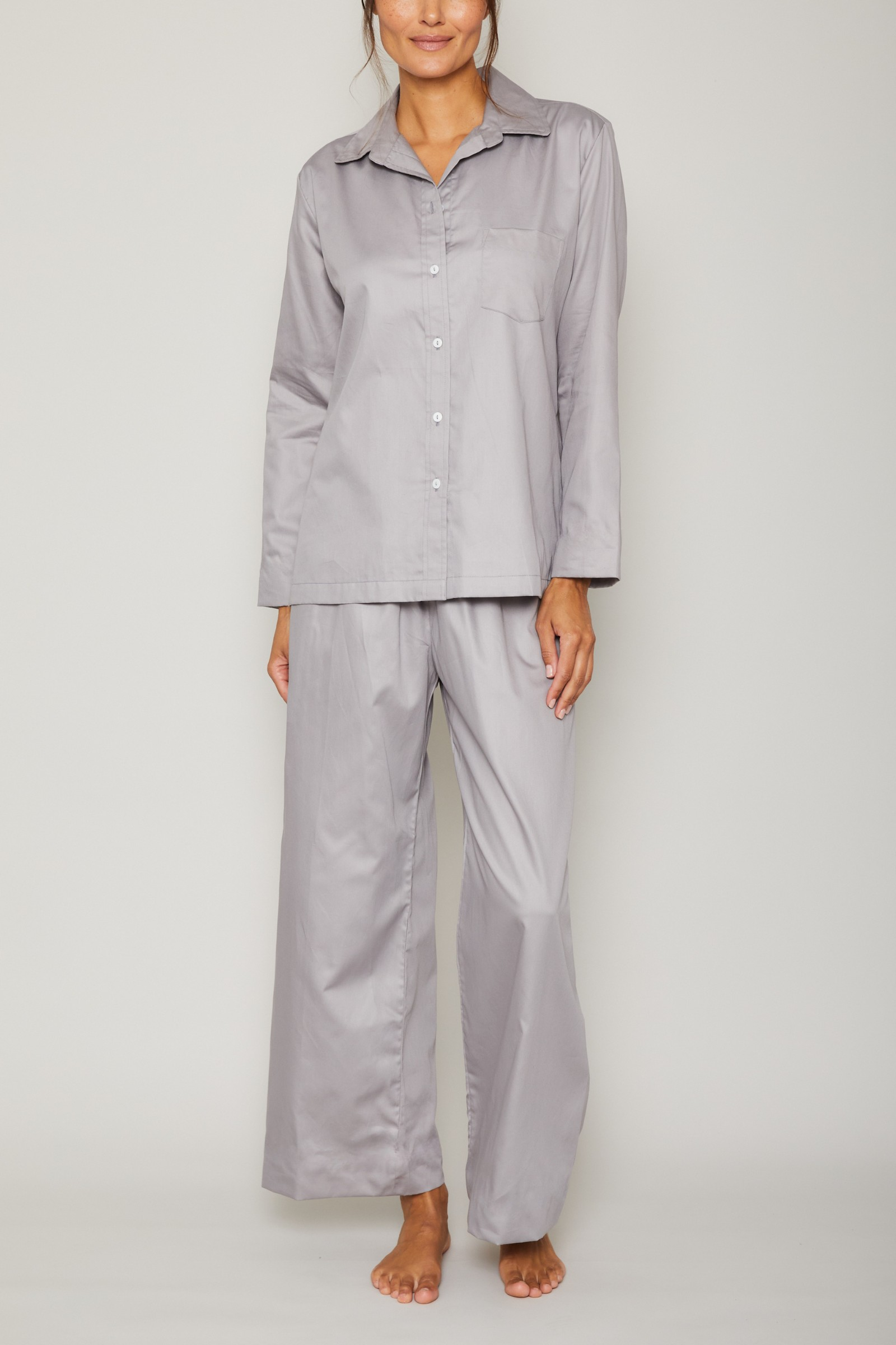 Cotton Sateen Long Sleeve Pajama Set - Silver