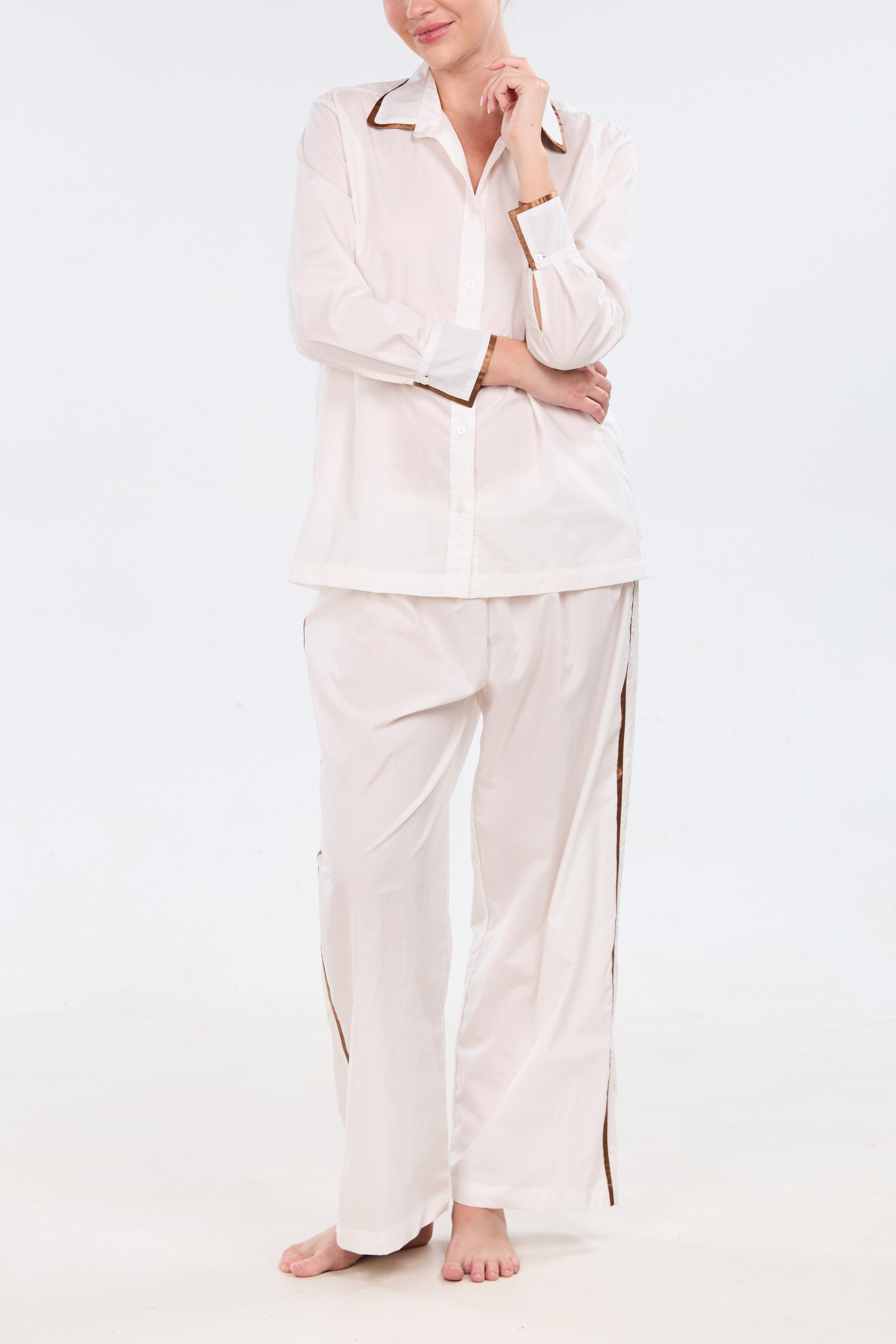 Long Sleeve Lounge Set With Contrast Trim-Tobacco