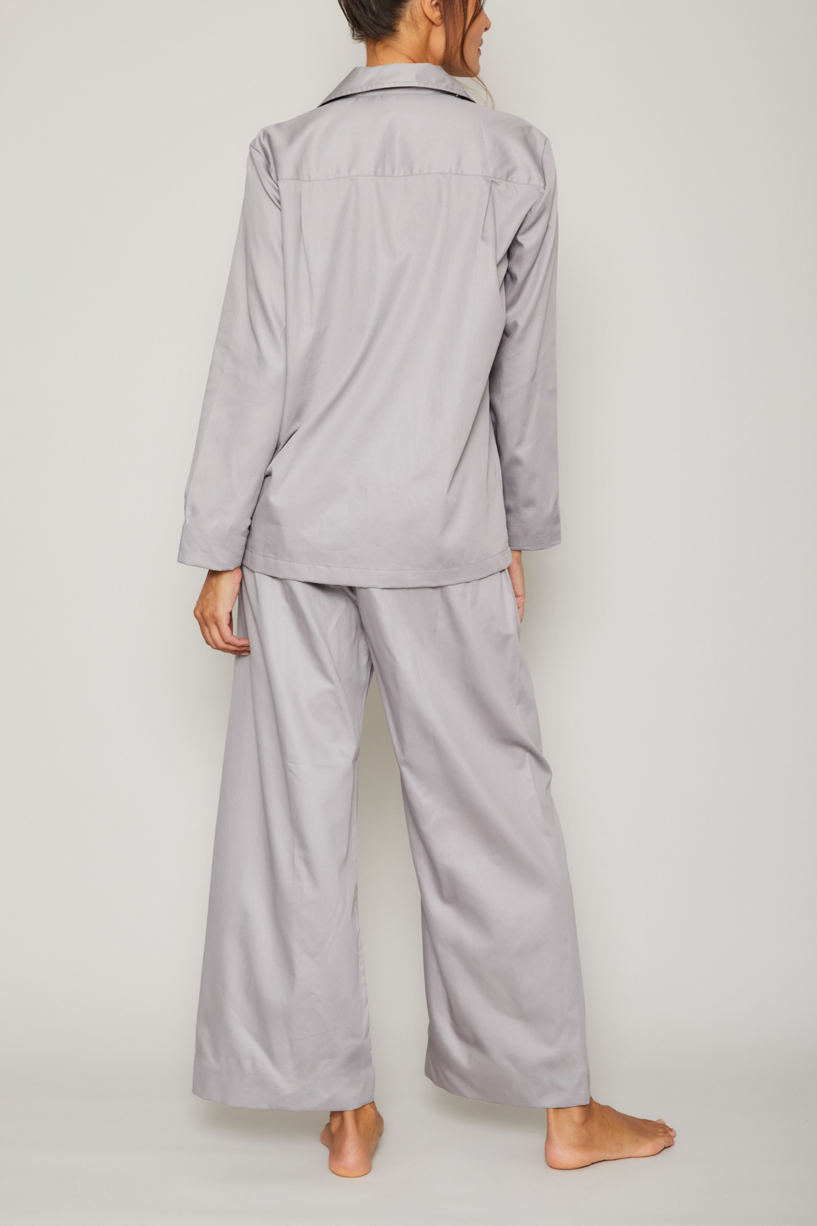 Cotton Sateen Long Sleeve Pajama Set - Silver