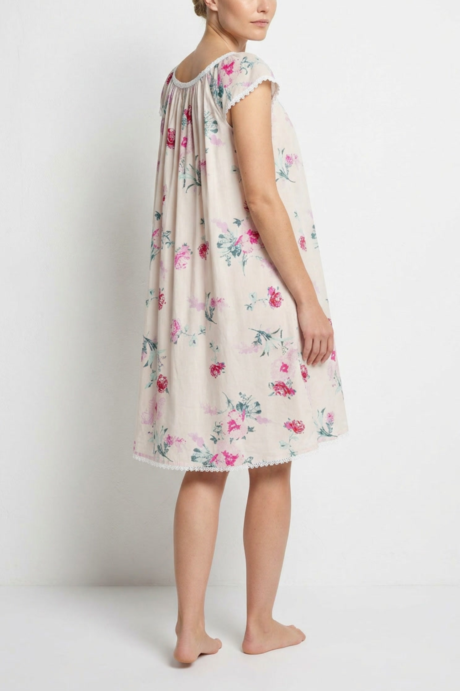 Cotton Nightgown with Flower Trim - Roses