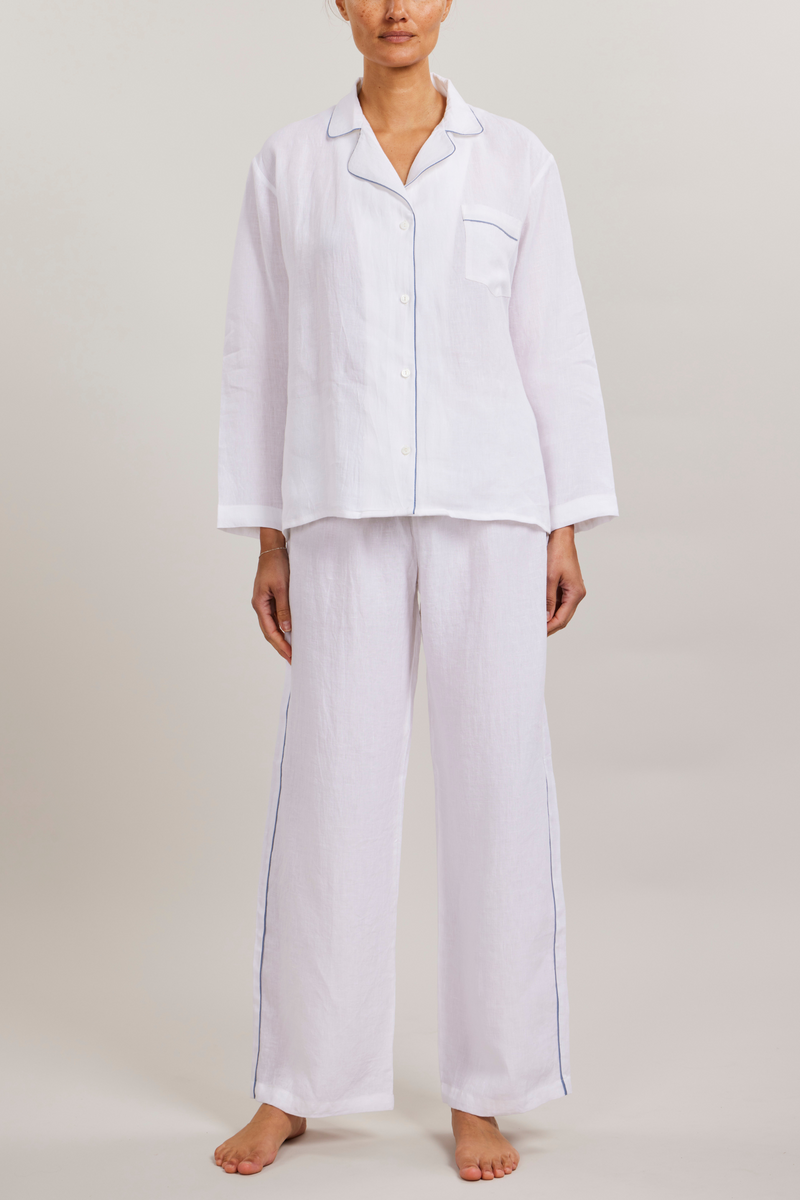 Sport Linen PJ Set - Piped in Blue