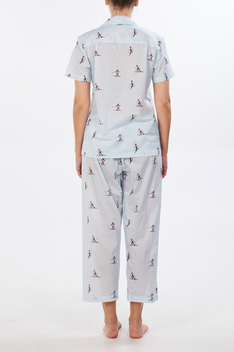 Short Sleeve Pajama Set with Cropped Pants - Cross Country Skiers