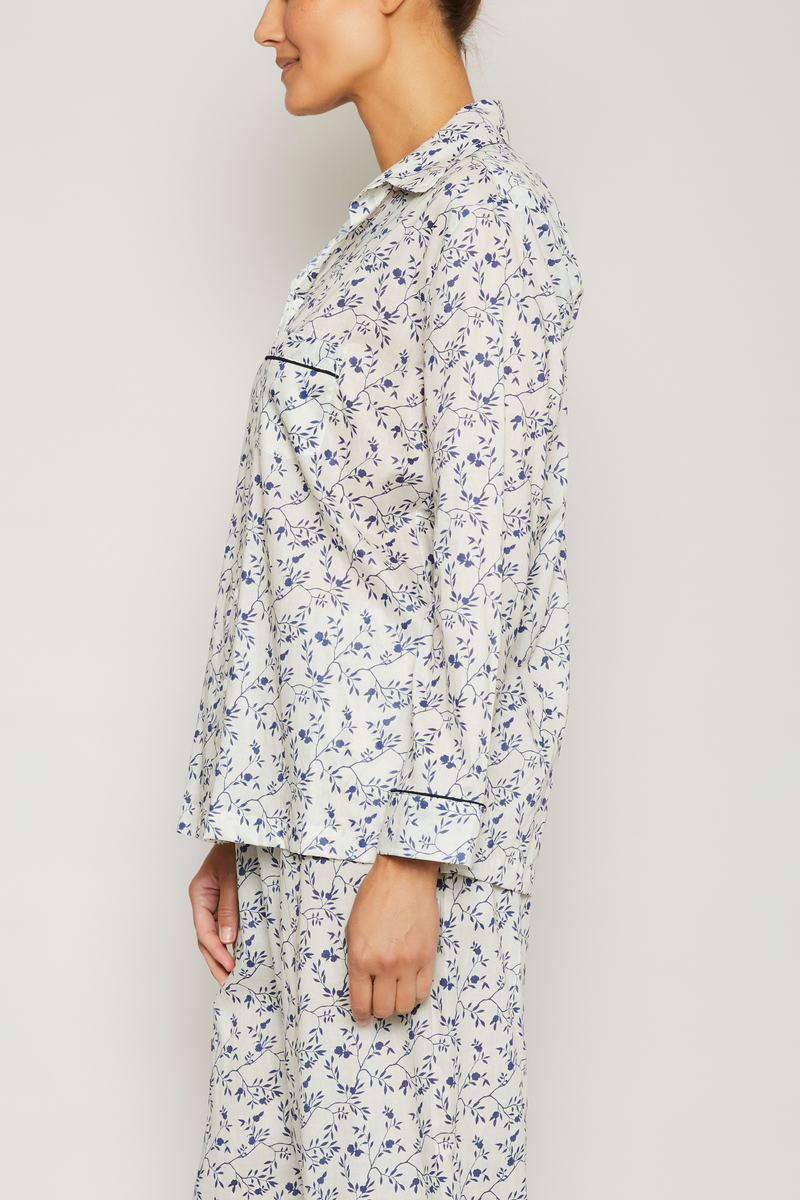 Navy Coastal Floral Long Sleeve Pajama Set- Piped in Navy – Pour