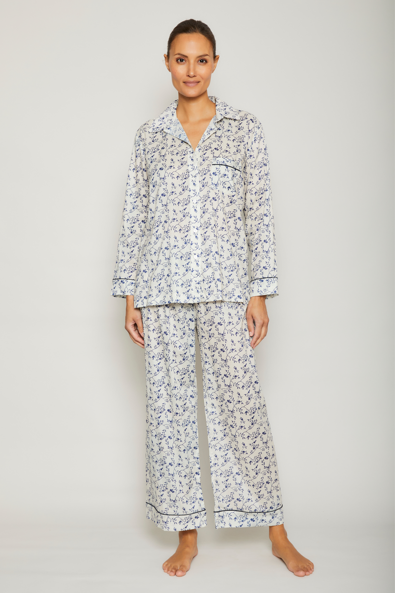 Navy Coastal Floral Long Sleeve Pajama Set- Piped in Navy