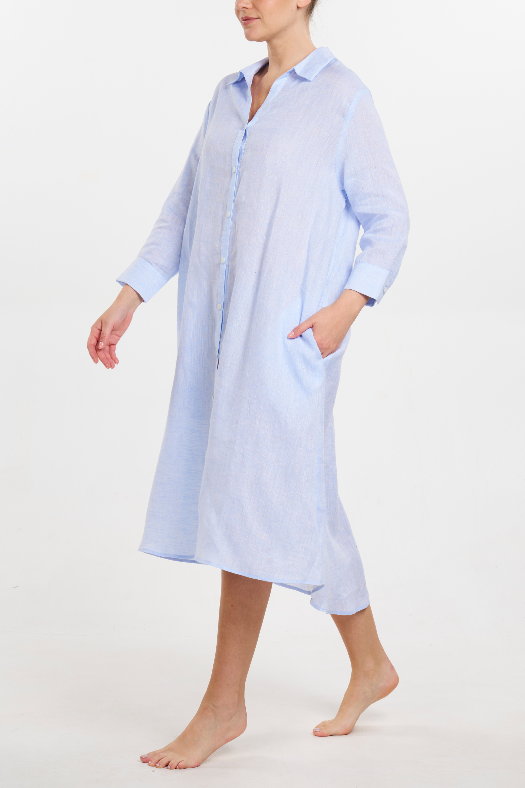 Linen Button Front Dress - Light Blue