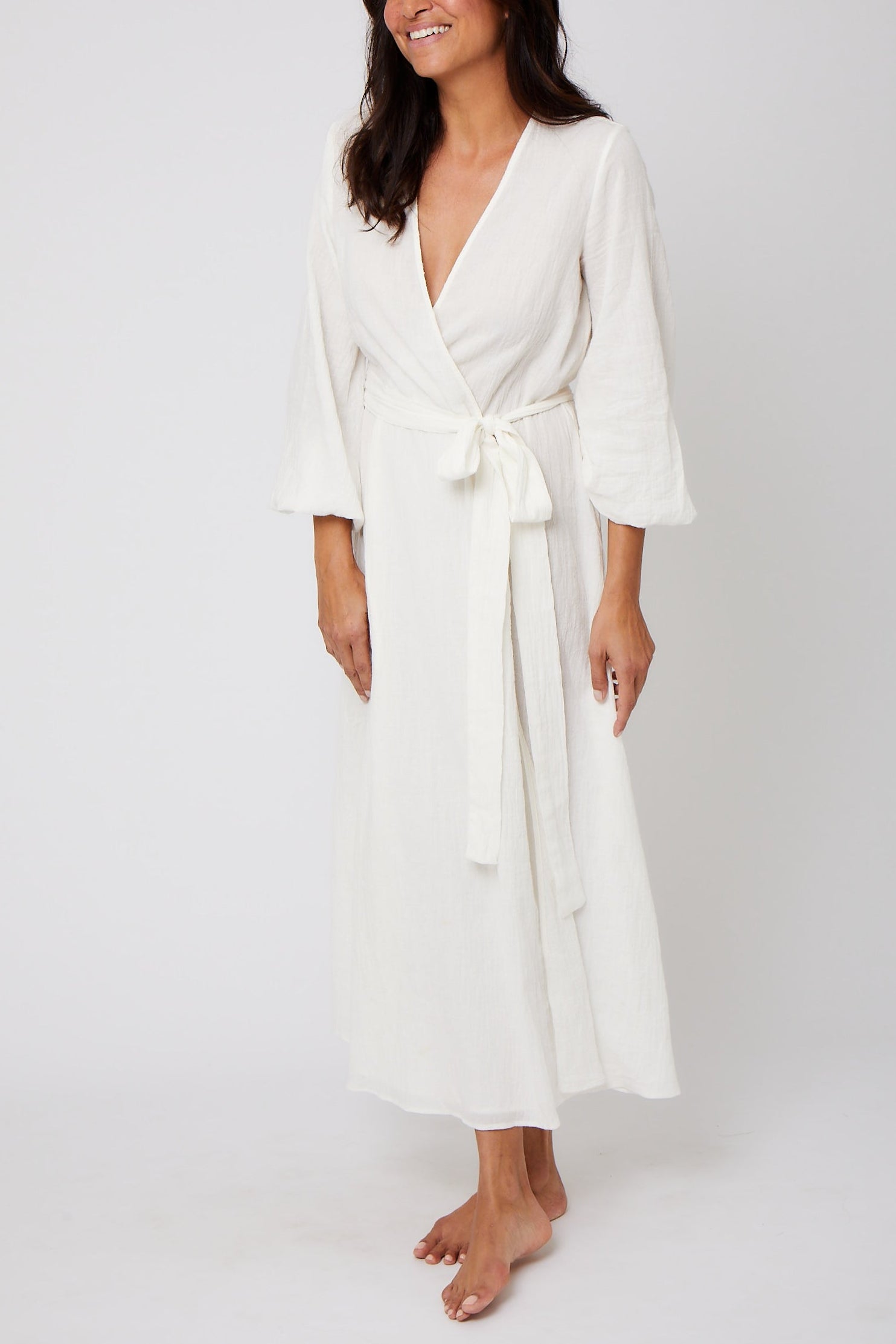 Long Organic Japanese Cotton Wrap Dress - Cream