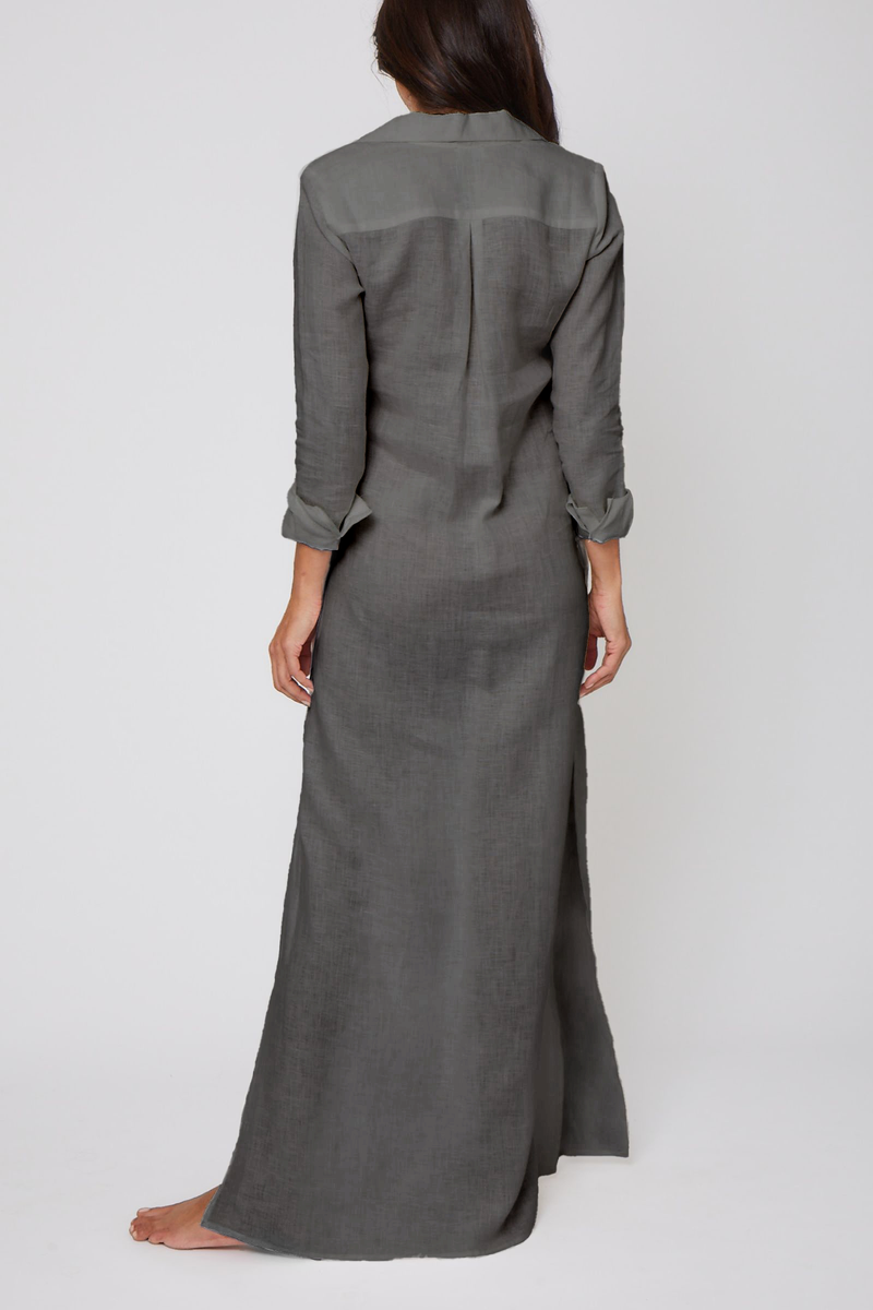 Long Linen Shirt Dress - Dark Grey