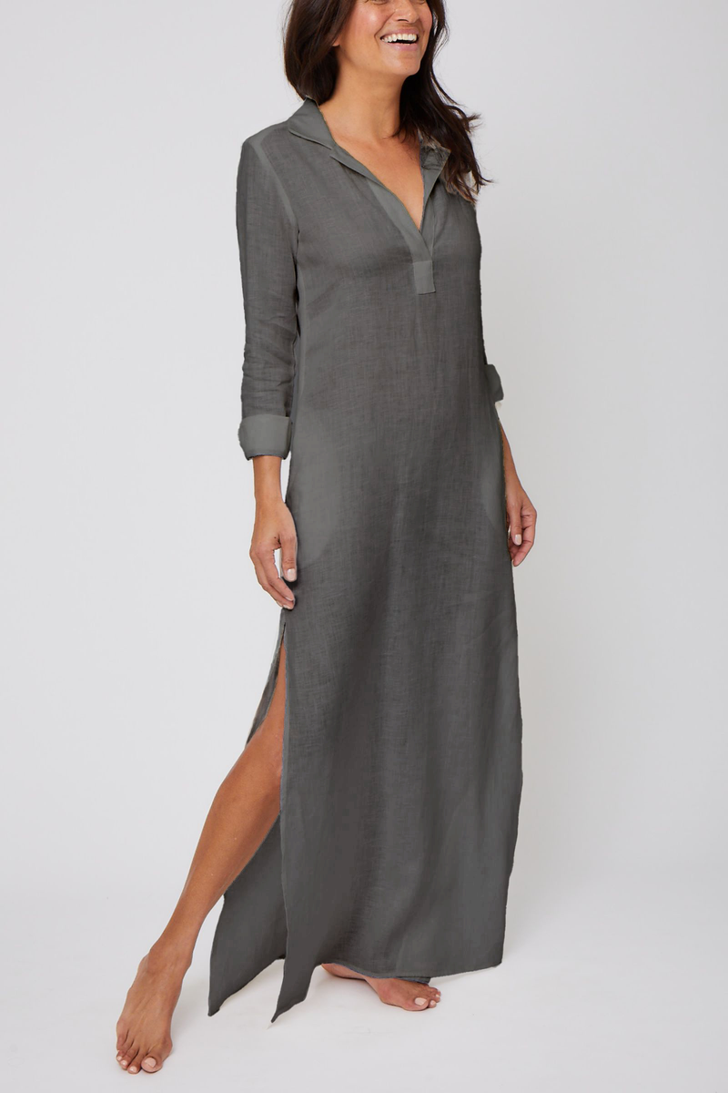 Long Linen Shirt Dress - Dark Grey