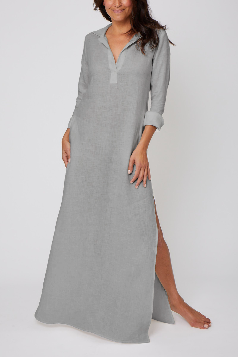Long Linen Shirt Dress- Heather Grey