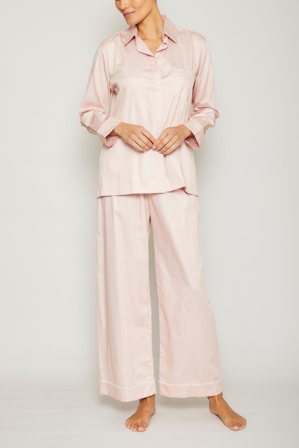 Cotton Sateen Pajama Set with Contrast Piping - Sepia Rose/Cream