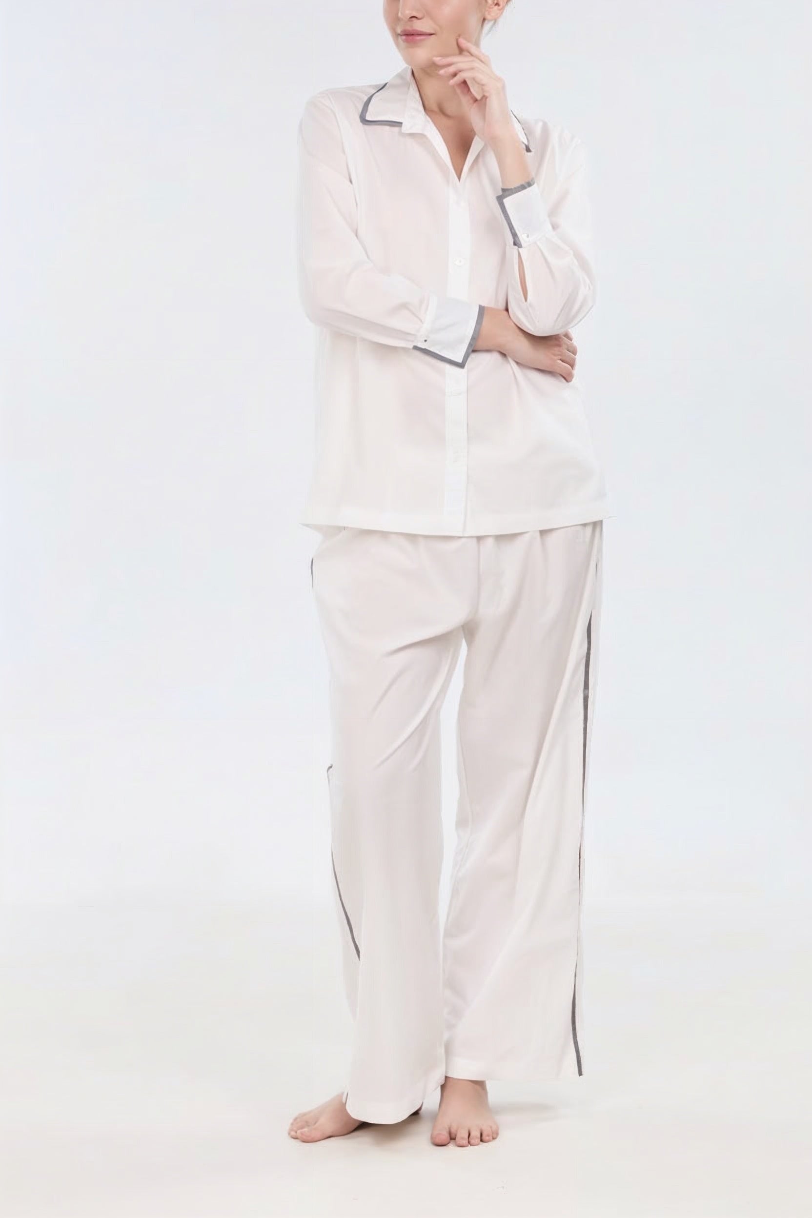 Long Sleeve Pajama Set With Contrast Trim - Silver/Cream