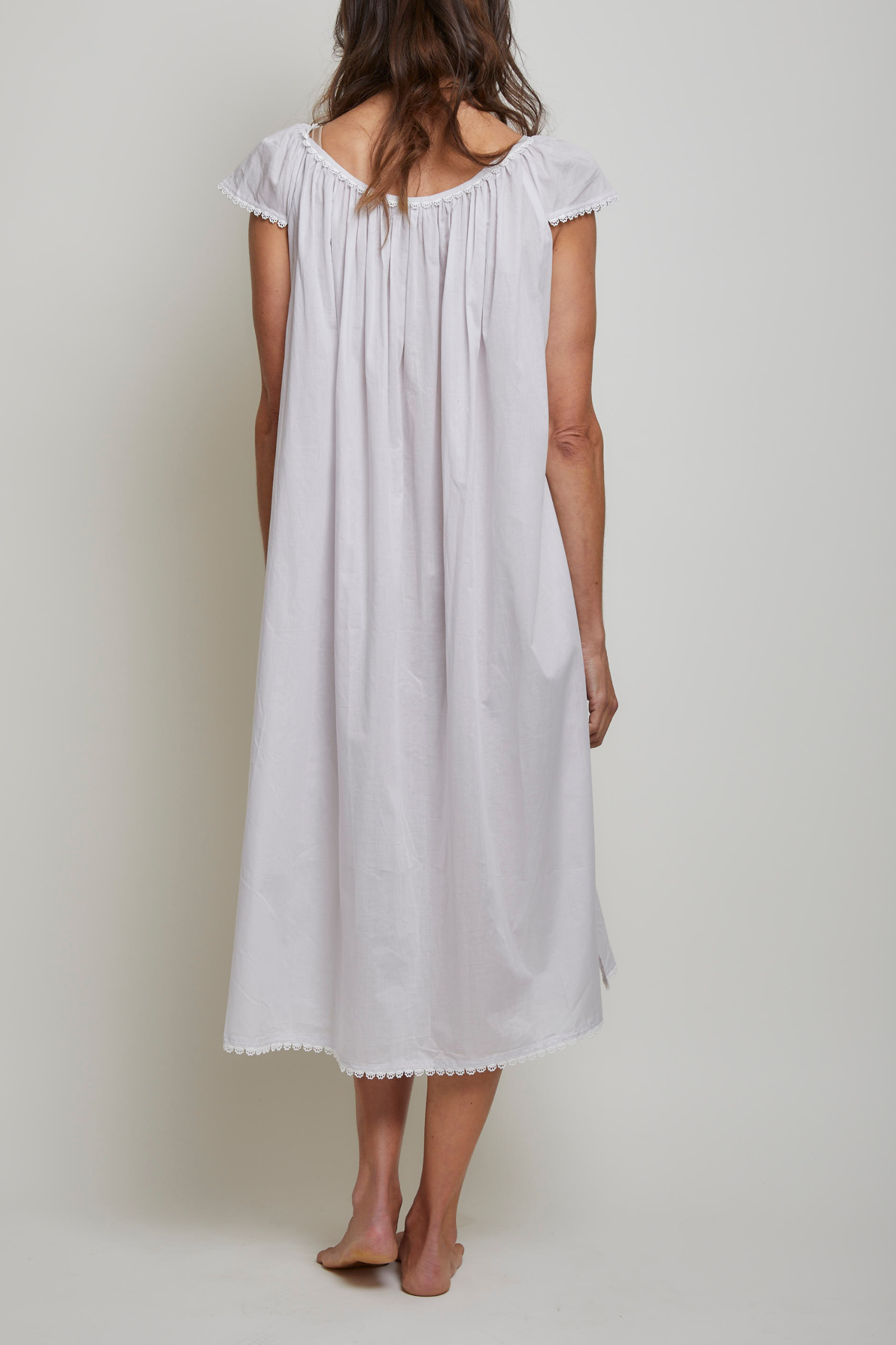 Long Cotton Nightgown with Flower Trim-Grey