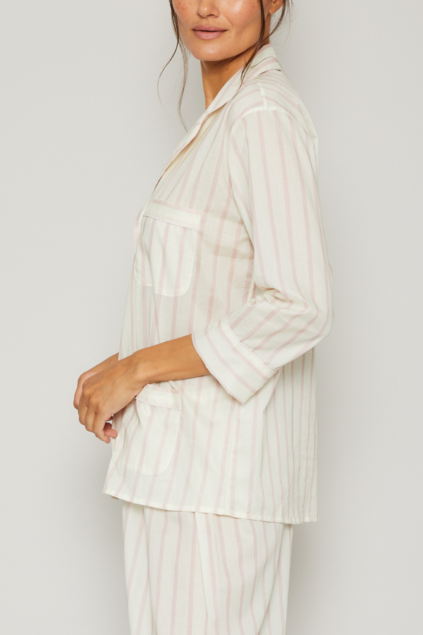 3/4 Sleeve Crop Pant Pajama Set - Cream / Pink