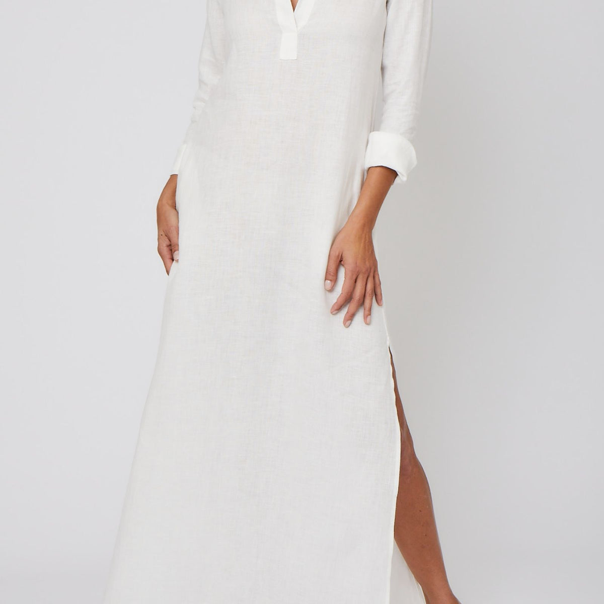 chinese dress ladies Linen Blend Midi Shirt Dress – Neutral Summer Dress