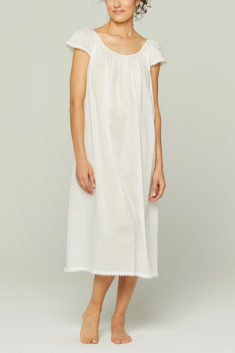Long Cotton Nightgown with Flower Trim - White