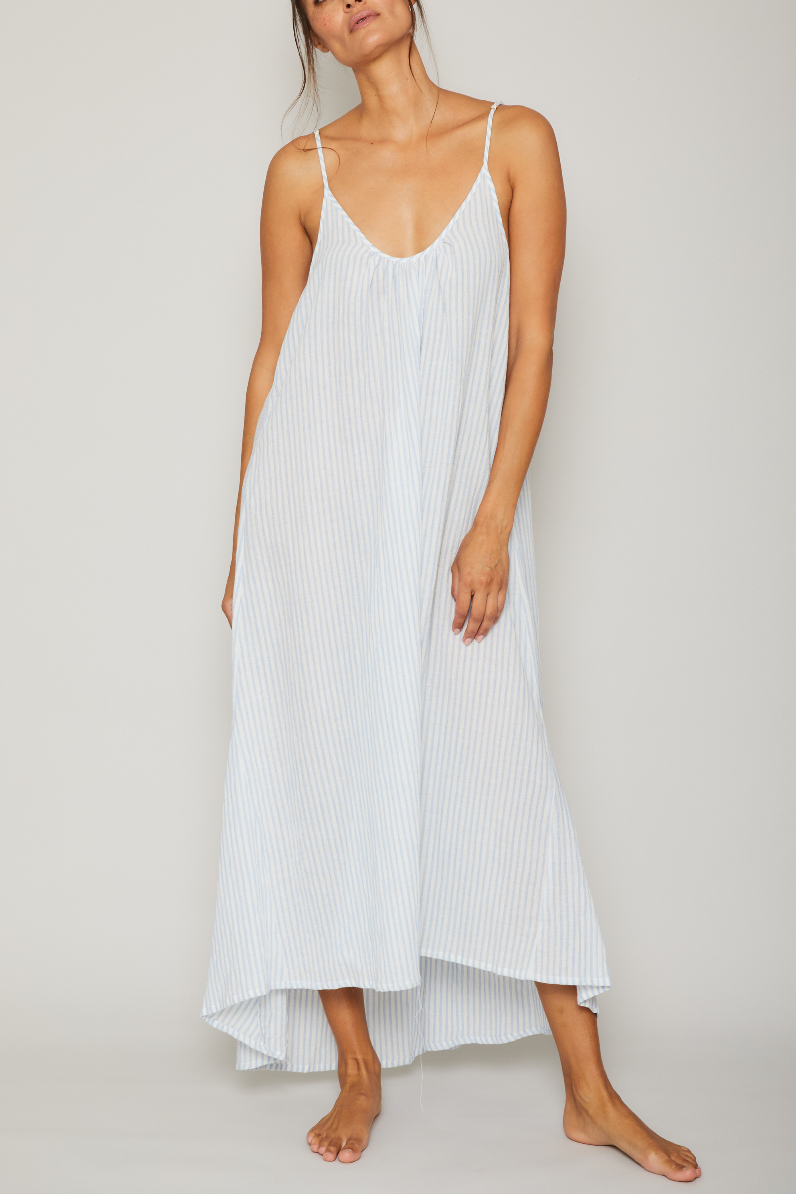 Organic Japanese Cotton High Low Dress - Blue Stripe