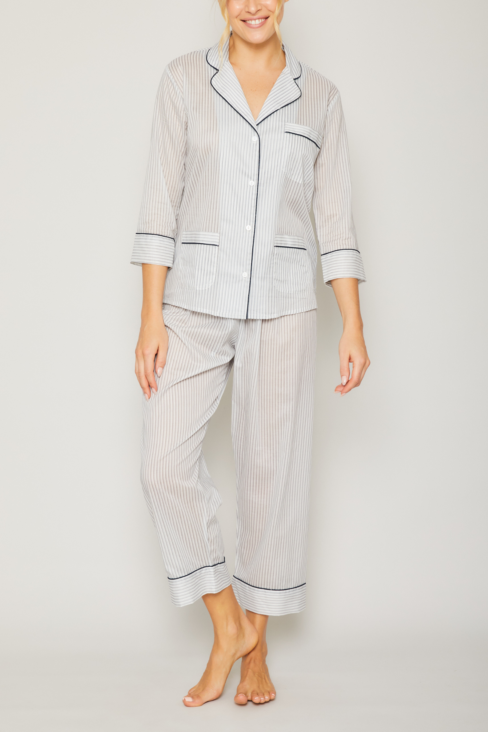 3/4 Sleeve Crop Pant Pajama Set with Piping - Grey/Navy