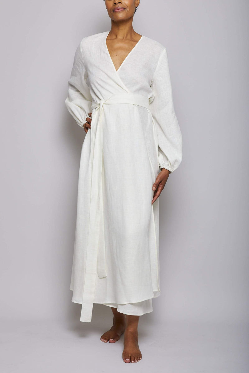 Long Linen Wrap Dress - Cream