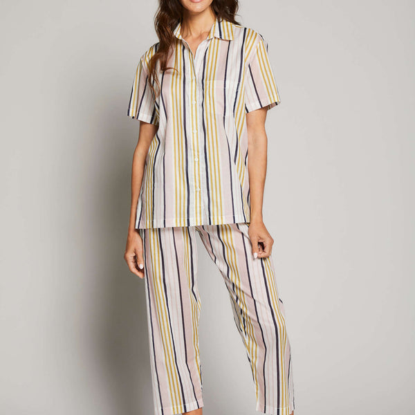 Striped Short Sleeve Crop Pant Pajama Set - Pink / Amber