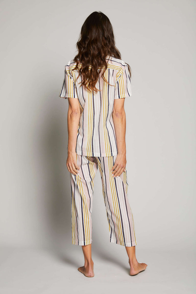 Striped Short Sleeve Crop Pant Pajama Set - Pink / Amber