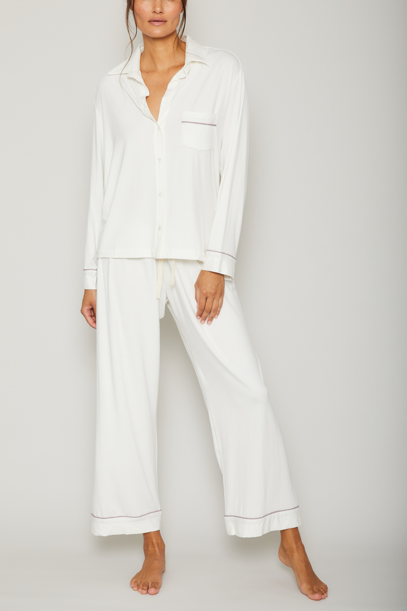 Cream Bamboo Pajama Set Piped in Putty
