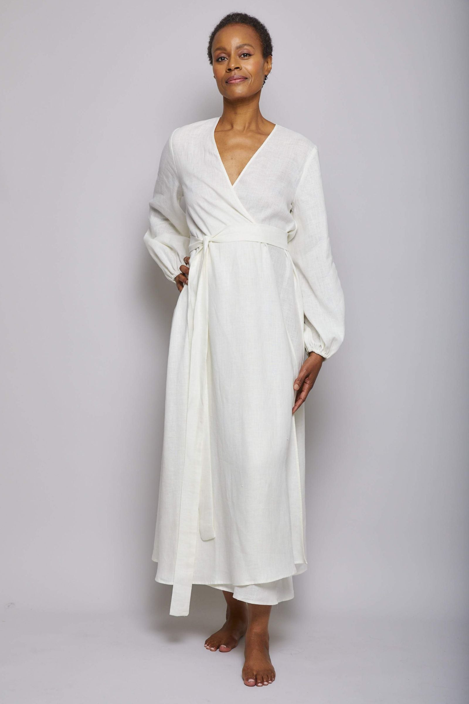Long Linen Wrap Dress - Cream