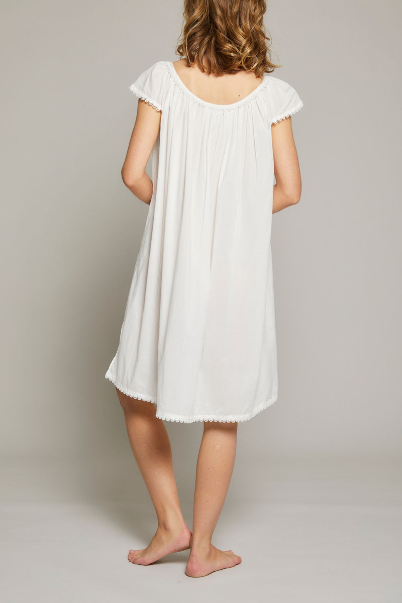 Cotton Nightgown with Flower Trim - White