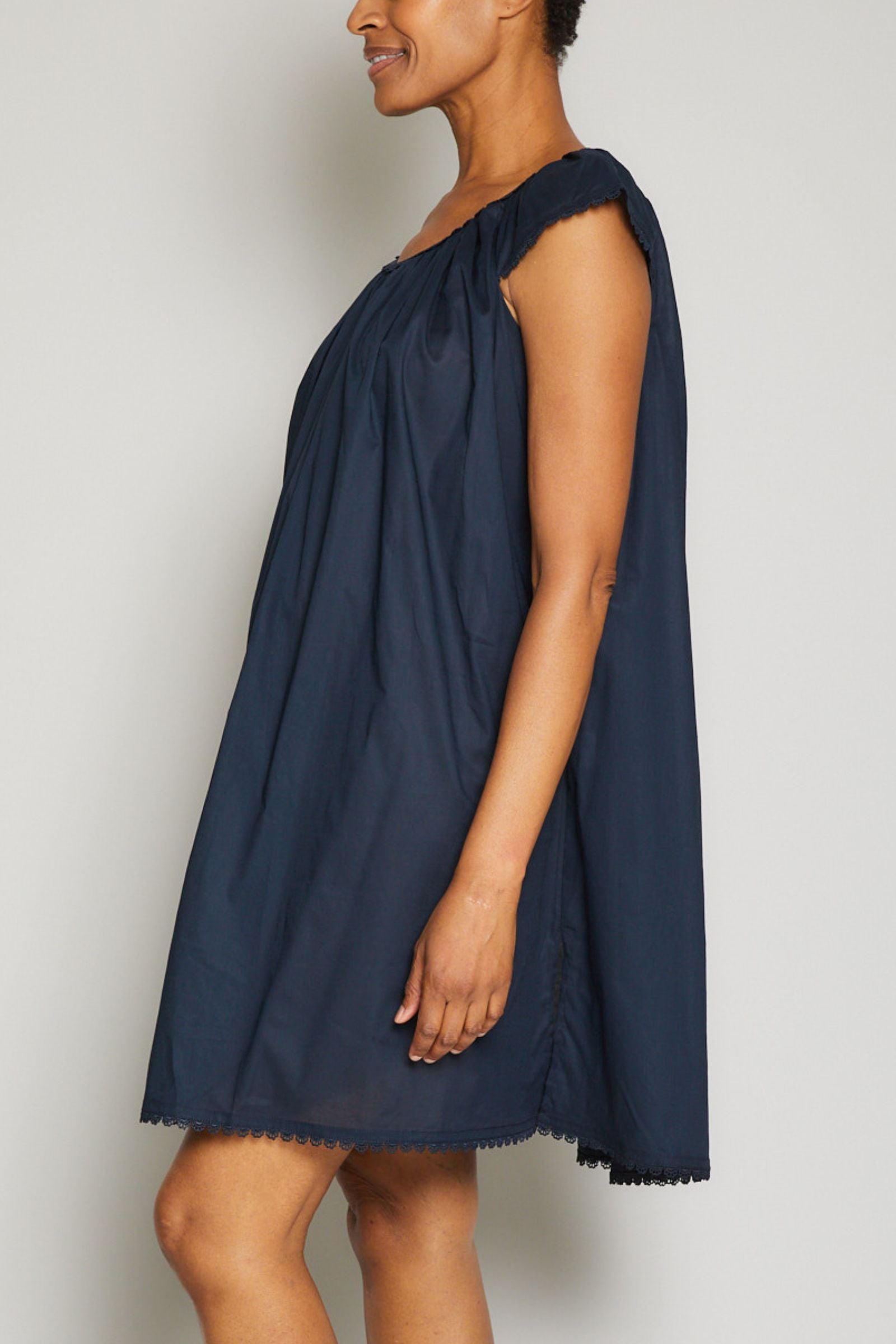 Cotton Nightgown with Flower Trim-Royal Navy