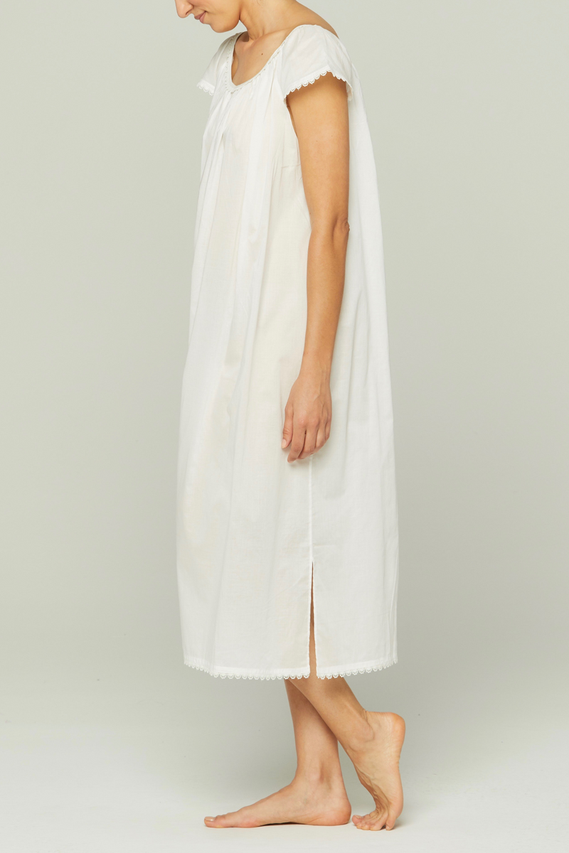 Long Cotton Nightgown with Flower Trim White