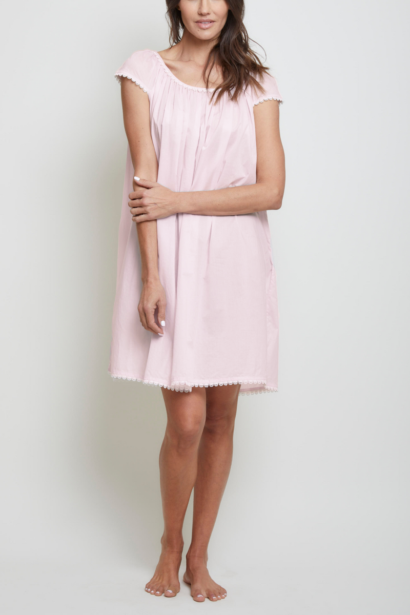 Cotton Nightgown with Flower Trim - Pink