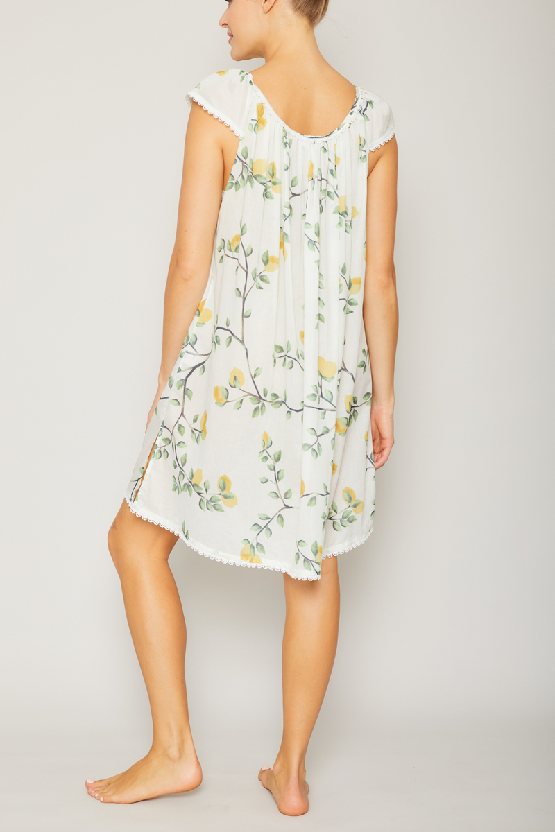 Cotton Nightgown with Flower Trim - Lemons