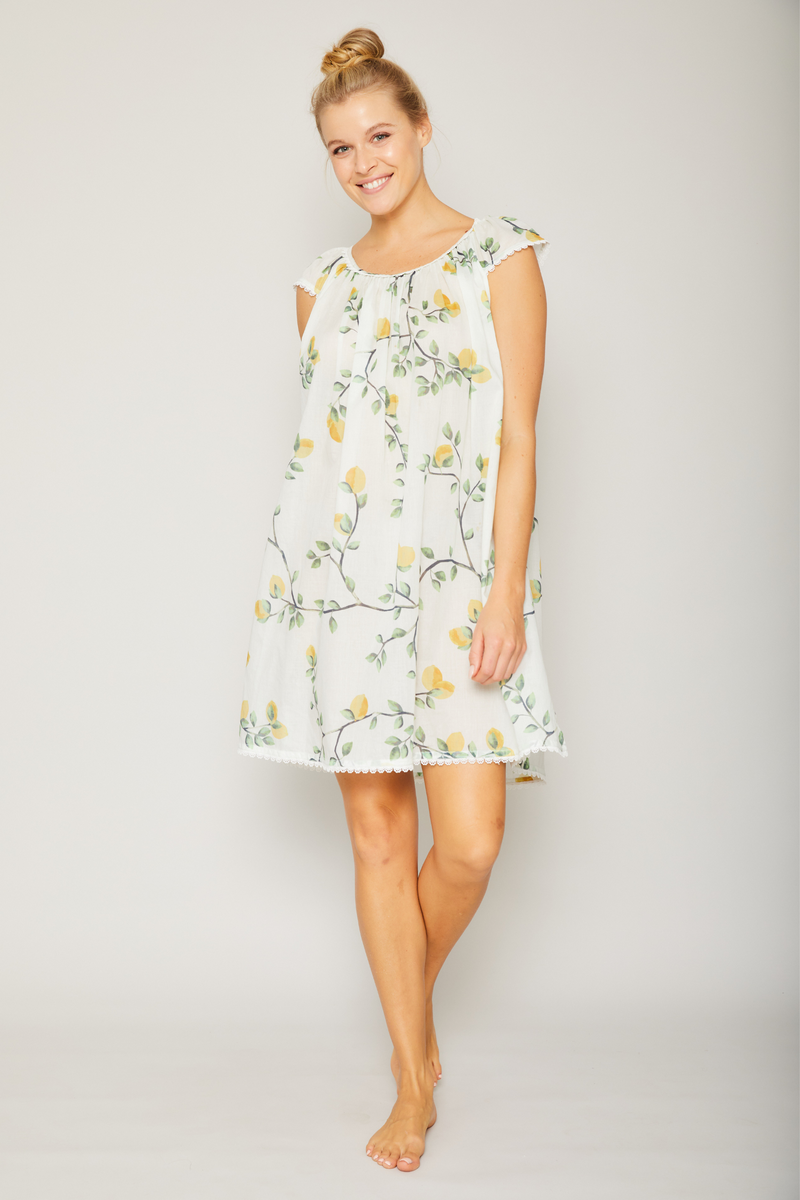 Cotton Nightgown with Flower Trim - Lemons