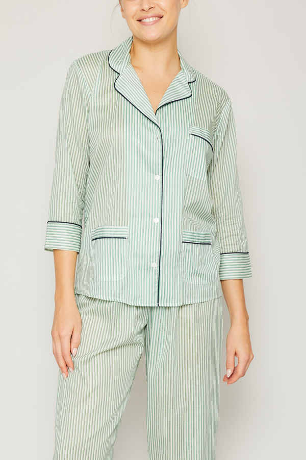 Myrtle Pinstripe 3/4 Sleeve Cropped PJ Set - Piped in Navy