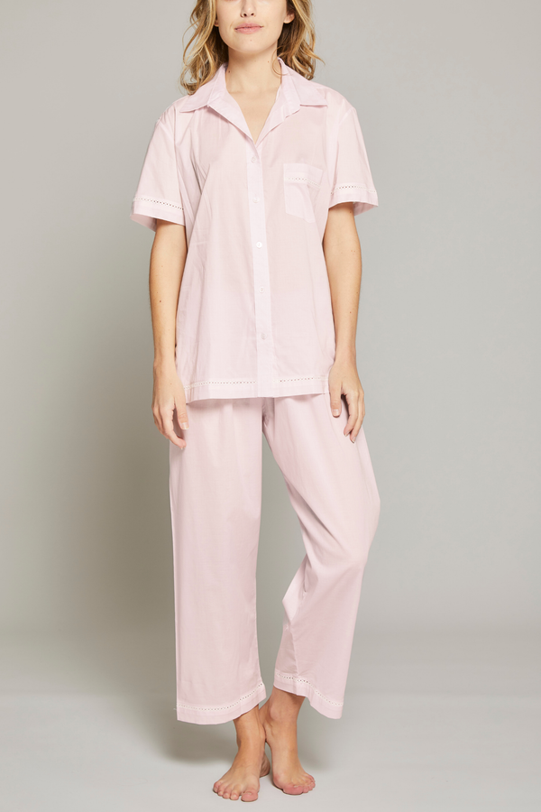 Wholesale Nude Pink Short Sleeve Piped Satin Pyjama Set