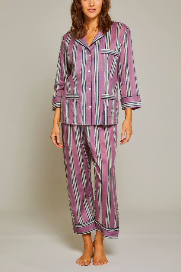 Mauve Multi-Striped ¾ Sleeve Crop Pant Pajama Set with Navy Piping