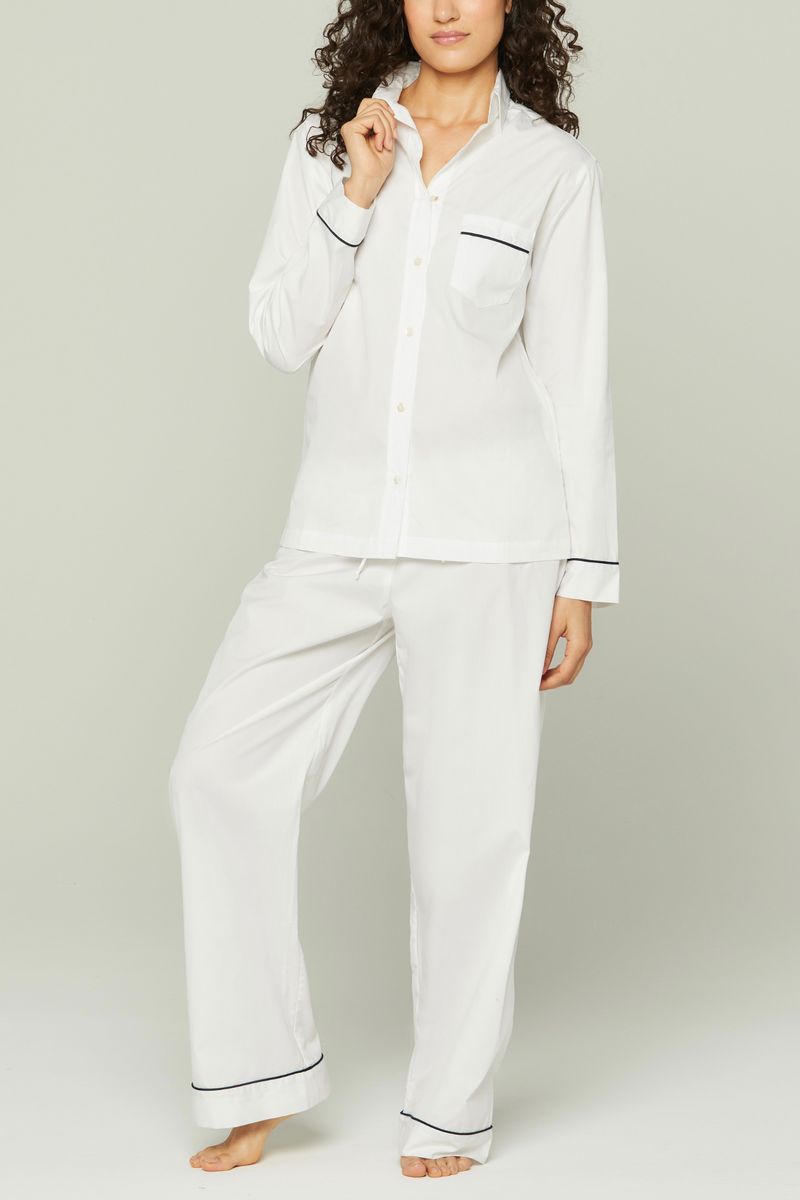 Cotton Sateen Pajama Set with Contrast Piping - White