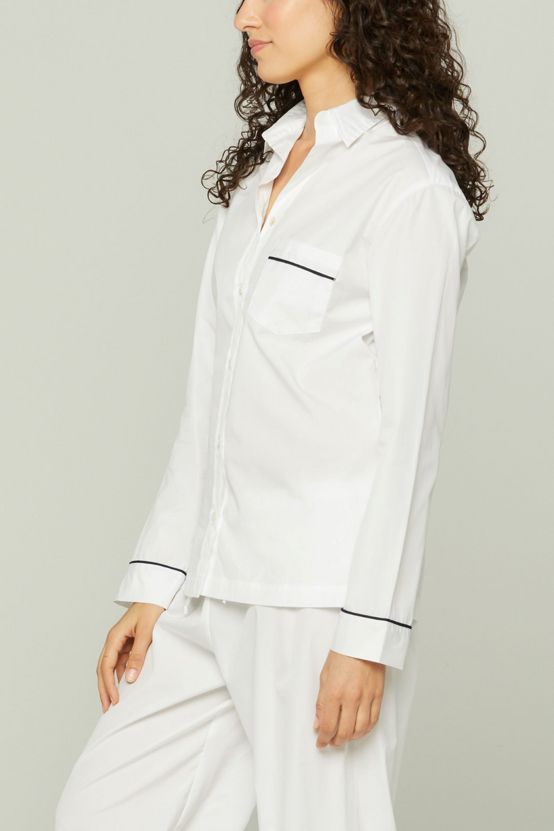 Cotton Sateen Pajama Set with Contrast Piping - White