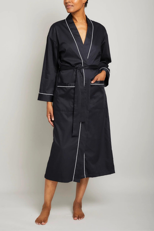 Cotton Sateen Robe with Contrast Piping-black