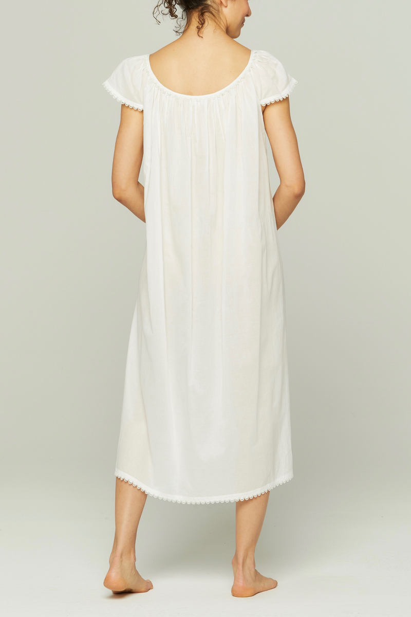 Long Cotton Nightgown with Flower Trim - White