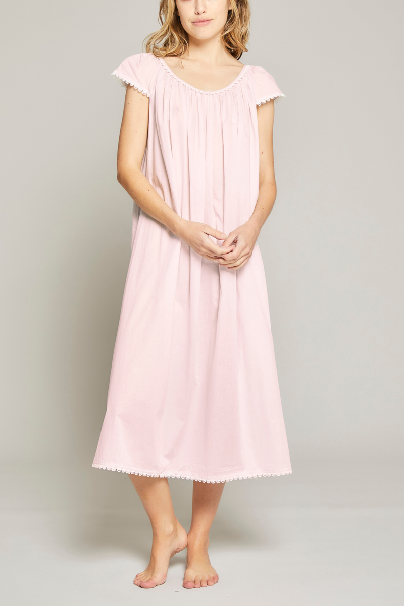 Long Cotton Nightgown with Flower Trim - Pink