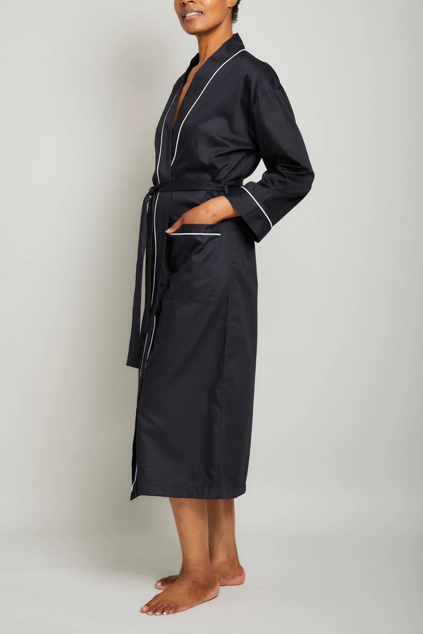 Cotton Sateen Robe with Contrast Piping-black